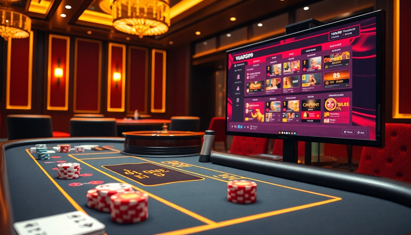 Experience the thrill of VUA99's luxury casino with vibrant gaming tables and online betting screens.
