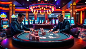Experience the thrill of gambling at https://79king.icu/ with vibrant casino visuals showcasing poker tables and roulette wheels.