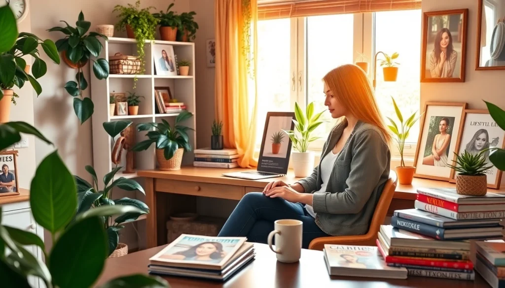 Engaging scene of a blogger writing for a UK Lifestyle Blog in a vibrant home office.