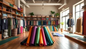 Shop quality products at our Yoga Shop showcasing yoga mats and accessories beautifully displayed.