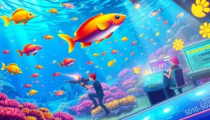 Bắn cá đổi thưởng action scene with players shooting colorful fish in a vibrant underwater setting.
