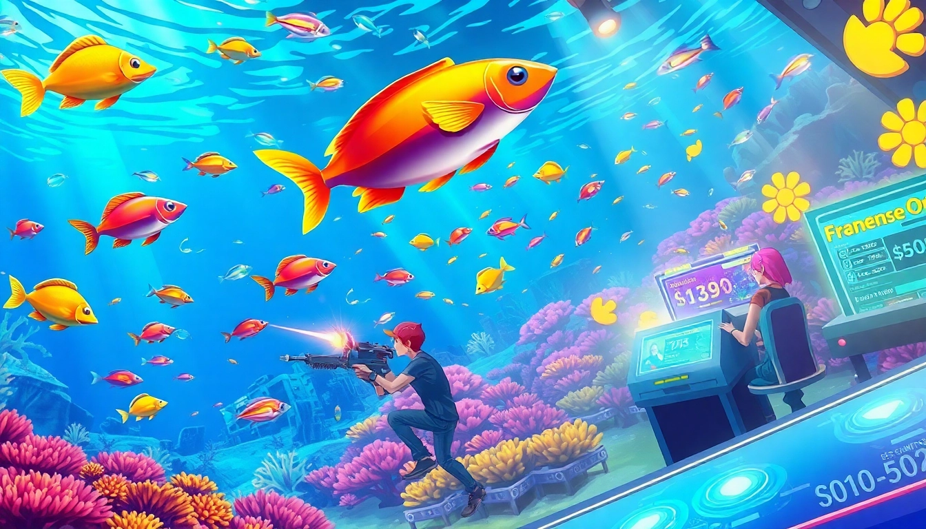 Bắn cá đổi thưởng action scene with players shooting colorful fish in a vibrant underwater setting.