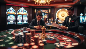 Exciting casino scene showcasing 7m poker chips and a roulette wheel amidst a luxurious setting.