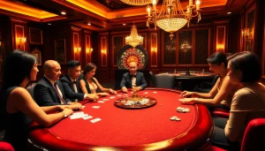 Experience the thrill of poker as players engage strategically, emphasizing "Nếu như vậy bám vào đây" in a luxurious casino setting.