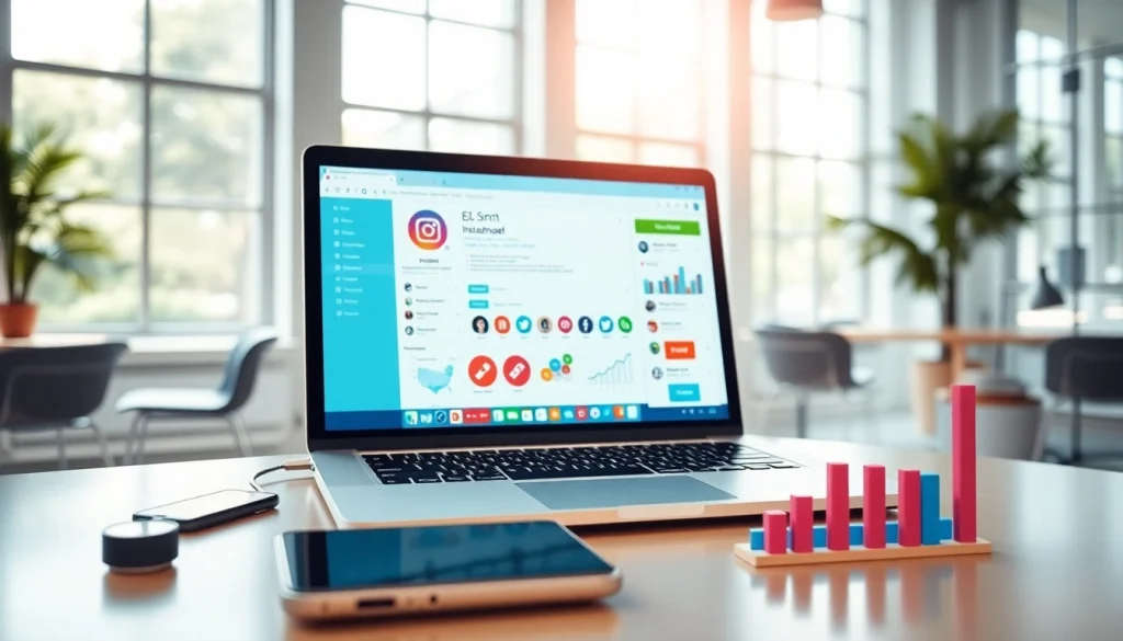 Engage with Instagram smm panel services displayed on a sleek laptop in a vibrant office setting