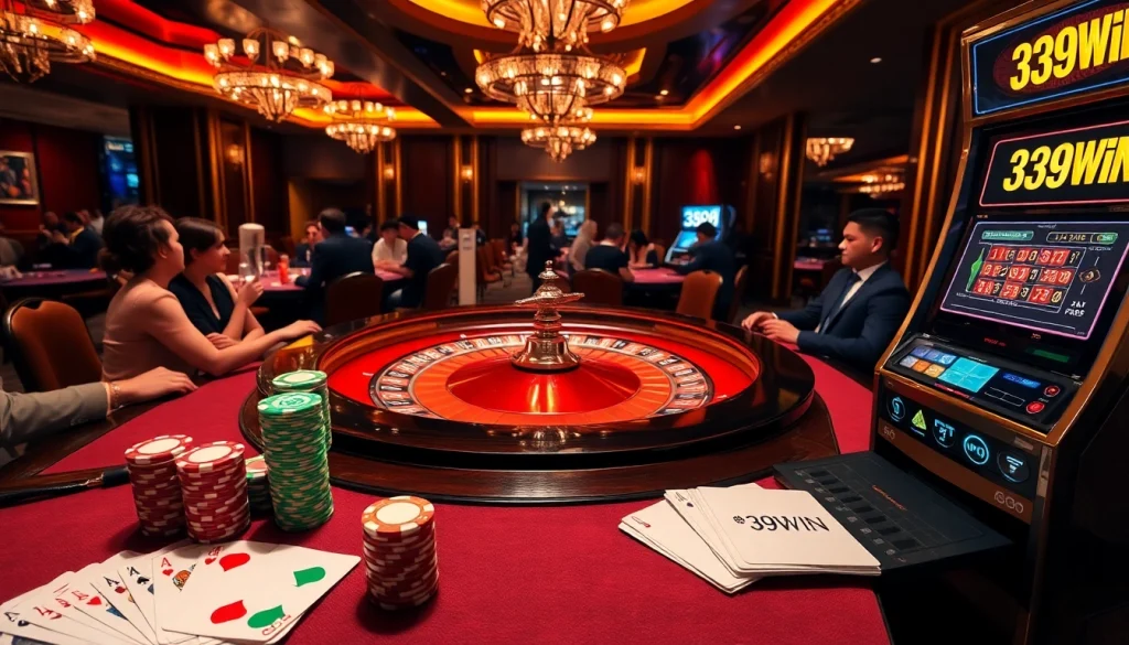 Players enjoy roulette at 389WIN casino, surrounded by vibrant poker chips and luxury decor.