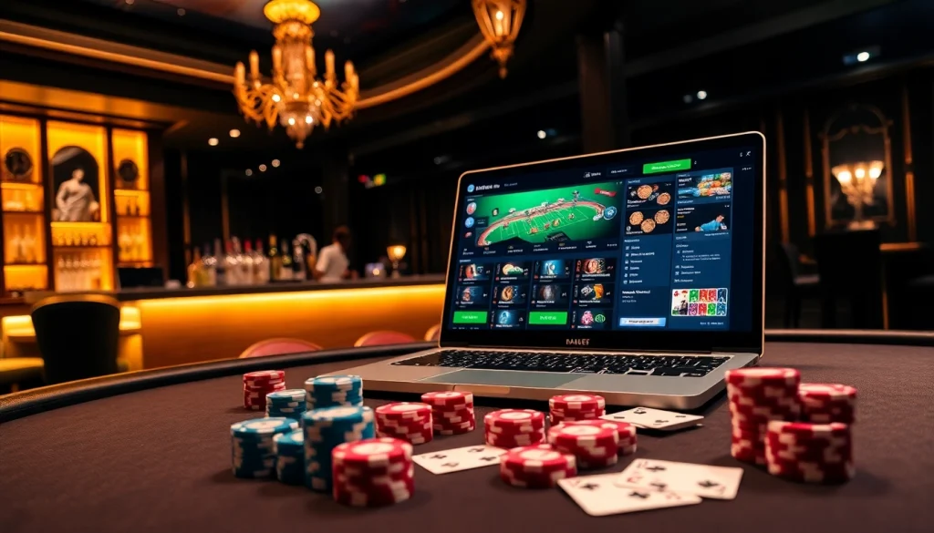 Experience the excitement of 54BET Download with vibrant poker chips and a stylish casino setting.