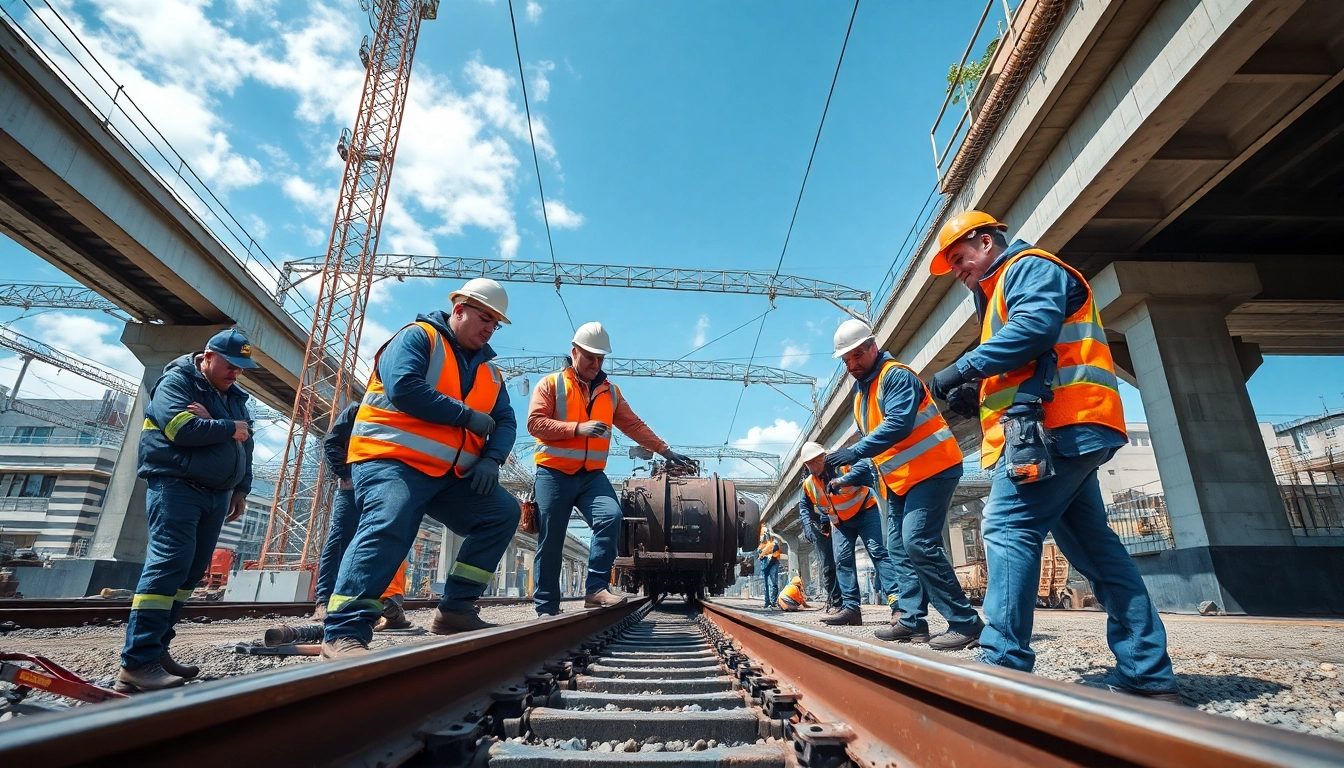 Engineers engaged in derailment repairs with specialized equipment and safety gear.