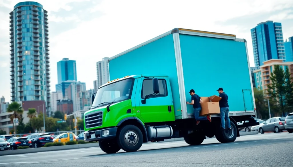 Vancouver moving company team loading boxes into a truck while showcasing the Vancouver cityscape.