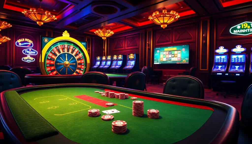 Experience the excitement of i9bet with a vibrant casino setting showcasing poker, roulette, and digital slot games.