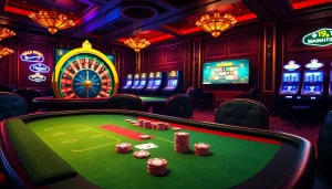 Experience the excitement of i9bet with a vibrant casino setting showcasing poker, roulette, and digital slot games.