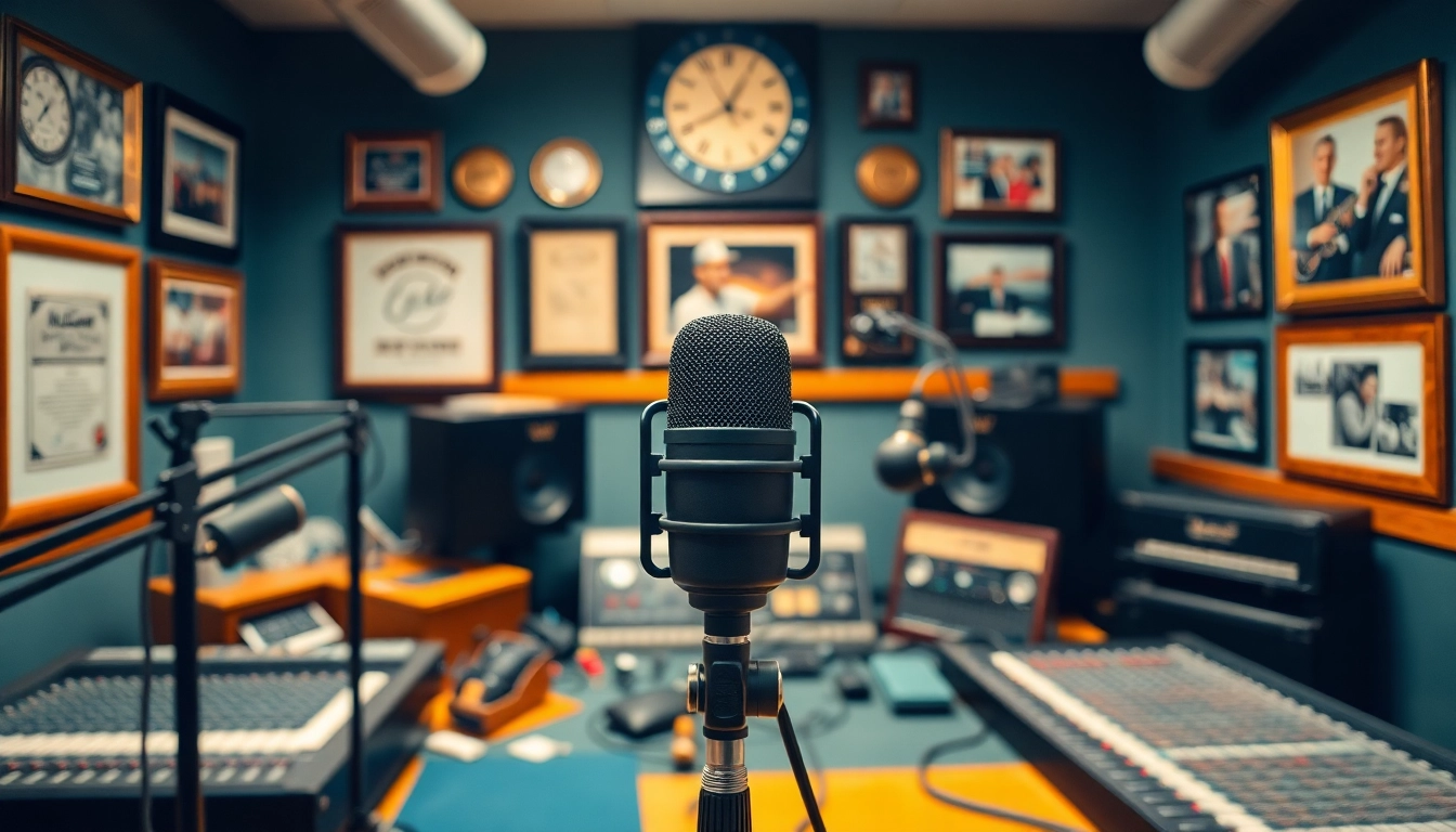 Listeners engaging with hometownstation.com updates in a vibrant radio studio.