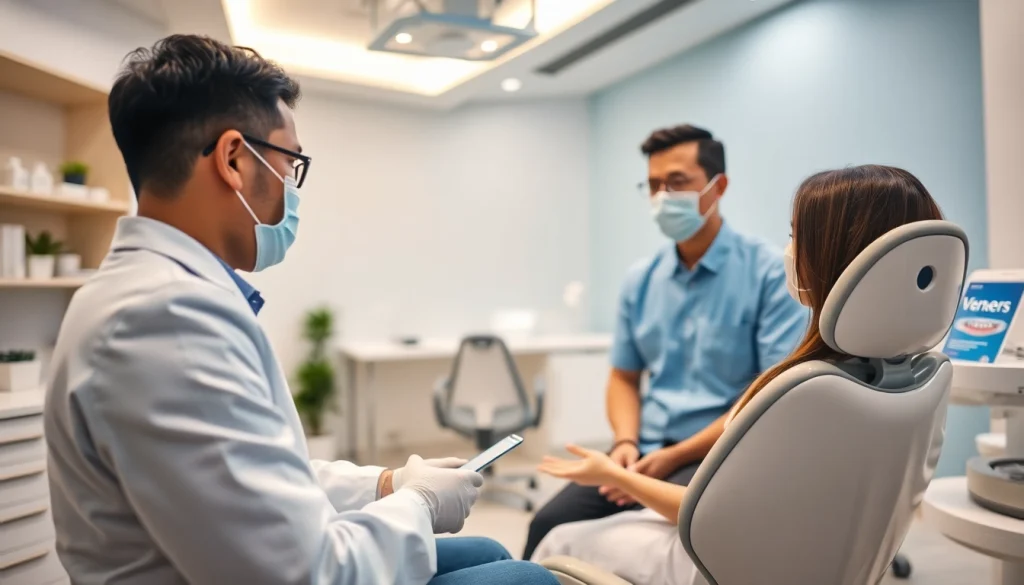 Dental consultation in a modern clinic for veneers malaysia with dentist and patient.