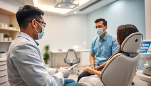 Dental consultation in a modern clinic for veneers malaysia with dentist and patient.
