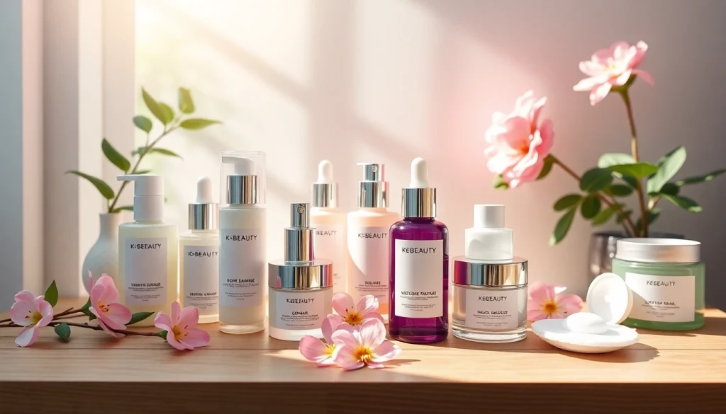 K-beauty-produkter i Sverige visas på en träbordsskiva med eleganta hudvårdsprodukter och pastellfärger.
