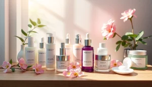 K-beauty-produkter i Sverige visas på en träbordsskiva med eleganta hudvårdsprodukter och pastellfärger.