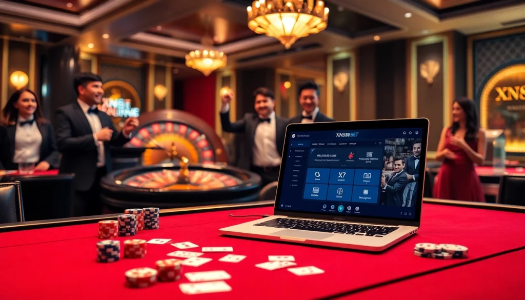 Experience high-stakes action with XN88 BET at an upscale casino setup featuring vibrant gaming elements.