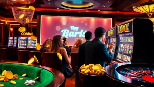 Players interacting with an exciting online 슬롯 game in a vibrant casino setting.