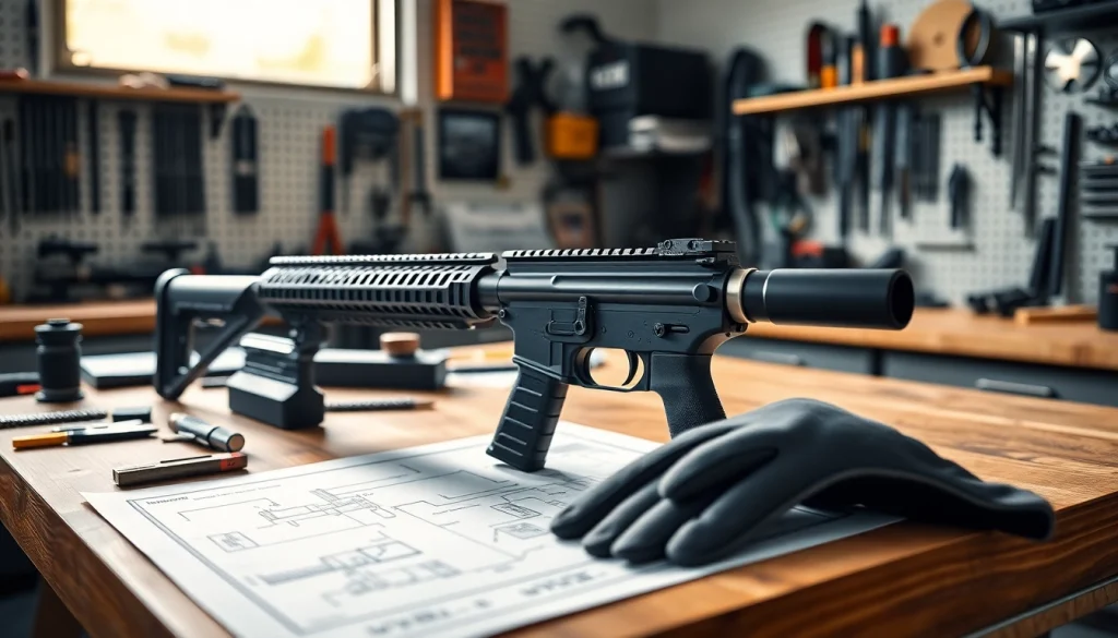 Showcasing super safety ar15 components arranged on a professional workbench, emphasizing precision and quality.
