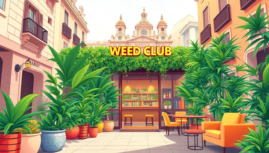 Welcome guests to the weed club madrid with a cozy, inviting atmosphere and lush greenery.