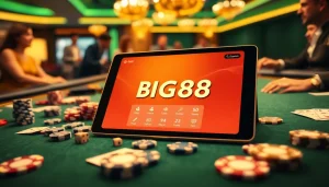 Join the action at BIG88.BAR with poker chips and cards on a luxurious casino table.