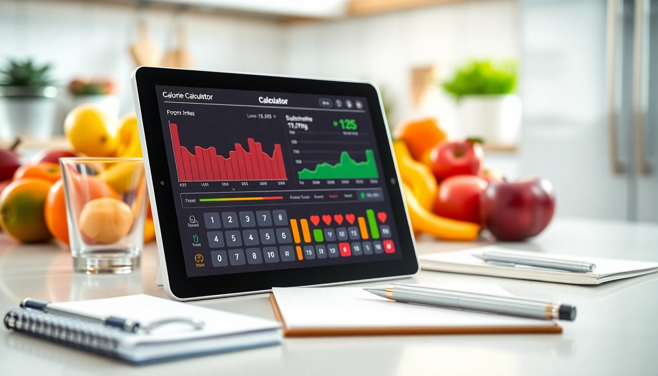 Engaging calorie calculator displayed on a tablet with vibrant health food in the background.