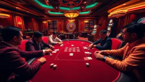 Exciting poker game at s88vip casino with professional players, vibrant atmosphere, luxury decor.
