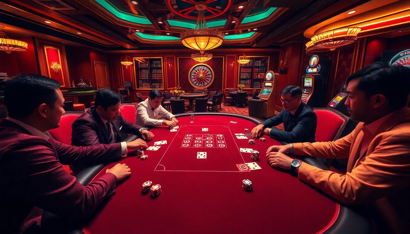 Exciting poker game at s88vip casino with professional players, vibrant atmosphere, luxury decor.