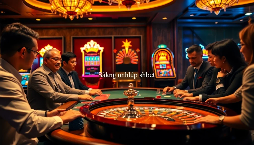 Exciting casino scene showcasing professional gamblers during a game, emphasizing đăng nhập shbet.
