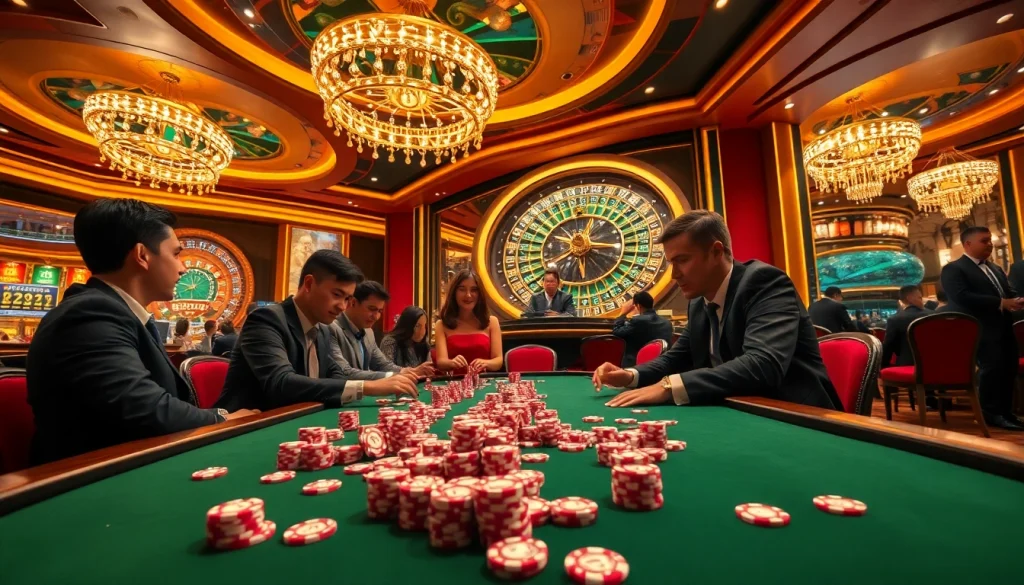 Gamblers enjoying a thrilling poker game at a luxurious UU88 casino.