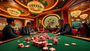 Gamblers enjoying a thrilling poker game at a luxurious UU88 casino.