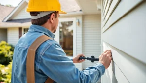 Siding installation process demonstrated by a contractor on a suburban home, focusing on craftsmanship and detail.