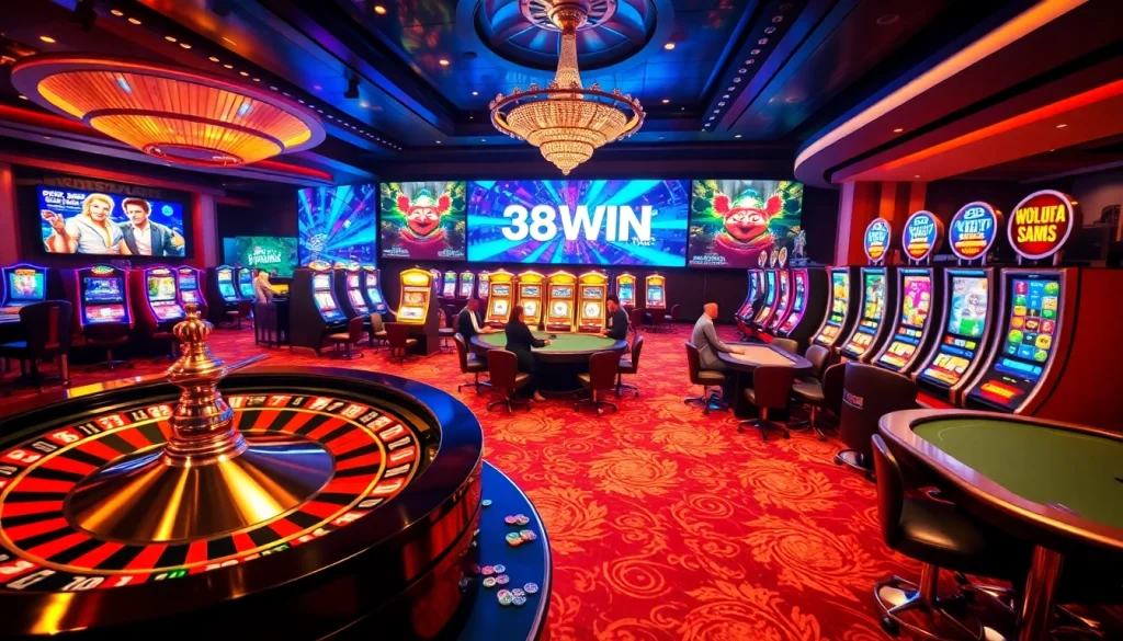 Experience thrilling gambling at 389WIN with an elegant casino scene featuring roulette, poker, and slots.