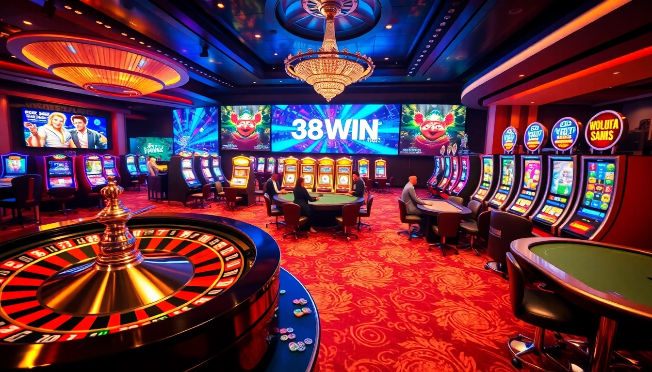 Experience thrilling gambling at 389WIN with an elegant casino scene featuring roulette, poker, and slots.