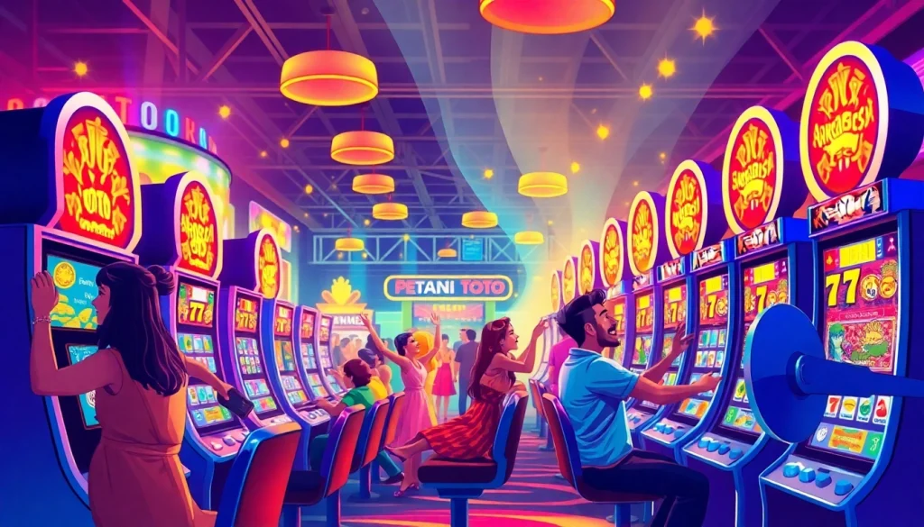 Bermain petani toto dengan semangat di kasino, dikelilingi cahaya cerah dan suasana energik.
