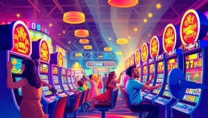 Bermain petani toto dengan semangat di kasino, dikelilingi cahaya cerah dan suasana energik.