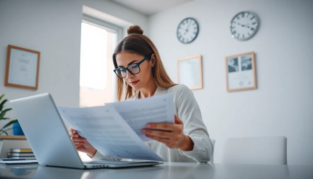 Professional setting of a beëdigd vertaler reviewing official documents in an office.