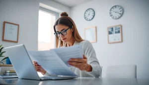 Professional setting of a beëdigd vertaler reviewing official documents in an office.