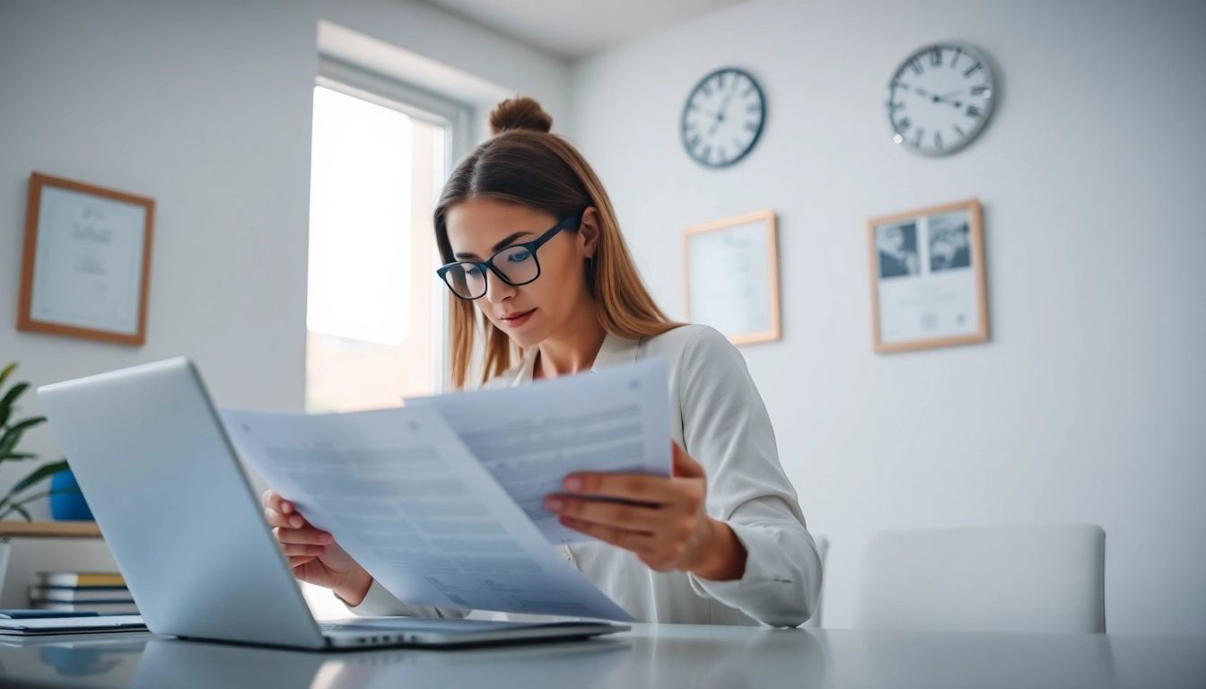 Professional setting of a beëdigd vertaler reviewing official documents in an office.