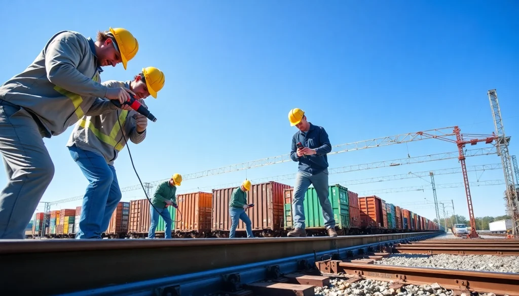 Workers conduct derailment repairs on railway tracks, showcasing expertise and teamwork.
