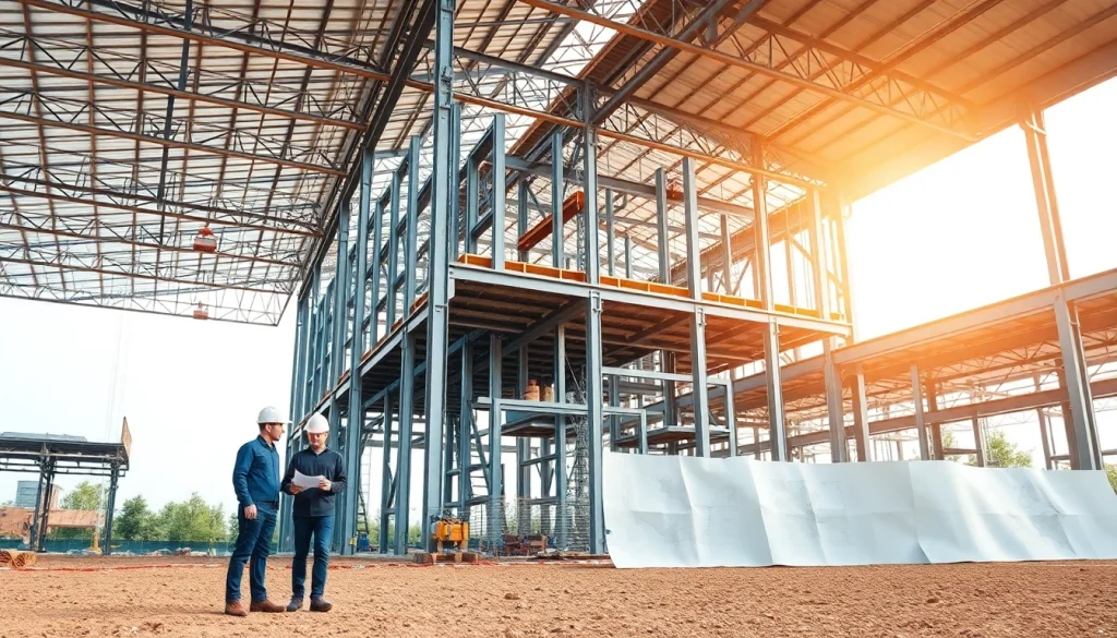 Engineers collaborating on a steel structure design project at a construction site.
