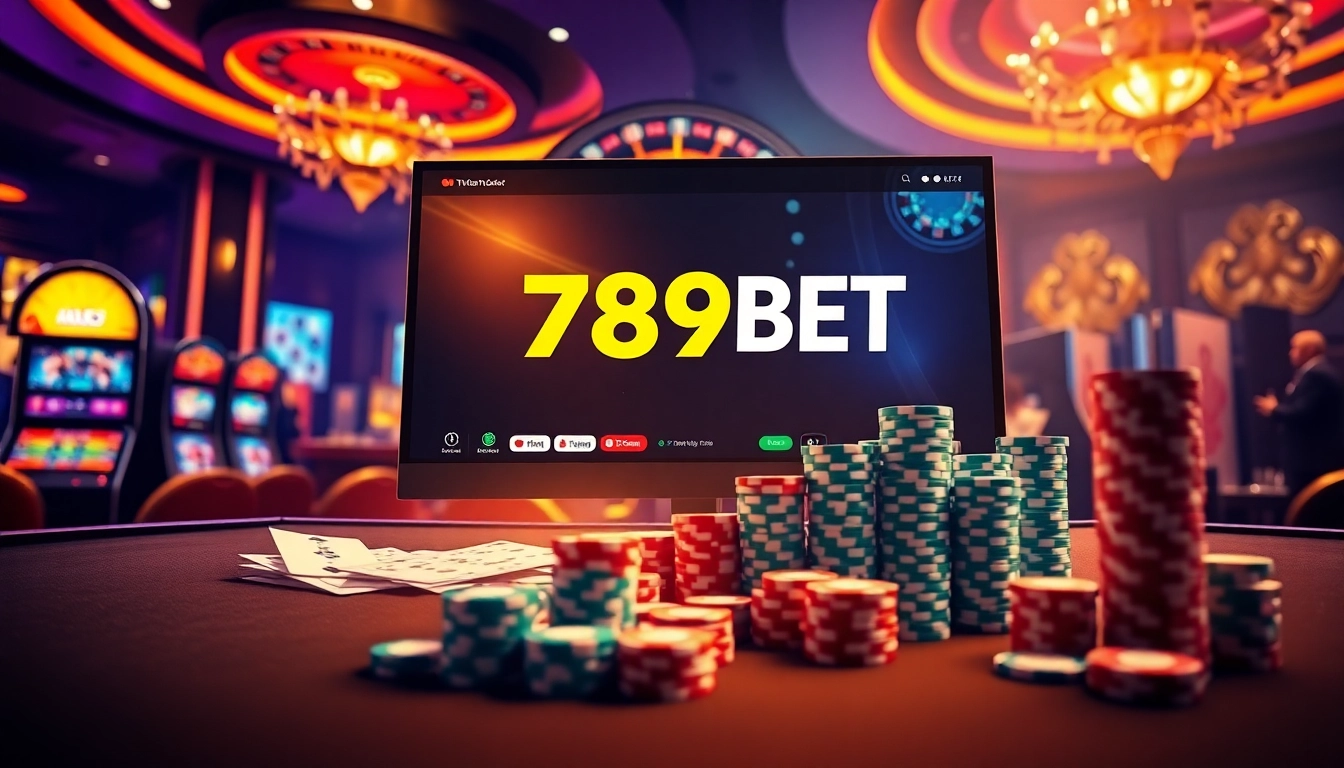 Engage in 789BET đăng nhập with a vibrant casino scene showcasing cards and chips.