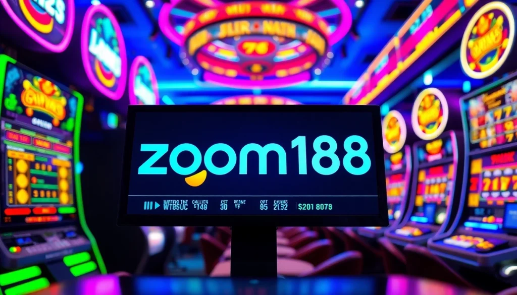 Menampilkan logo zoom188 di lingkungan kasino yang meriah dengan mesin slot berwarna-warni.