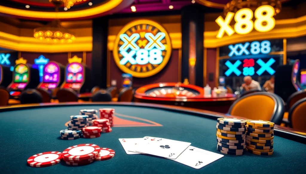 Experience the thrill of winning at XX 88's vibrant casino table filled with poker chips and cards.