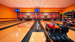 Affordable used bowling equipment displayed in a welcoming bowling alley setting.