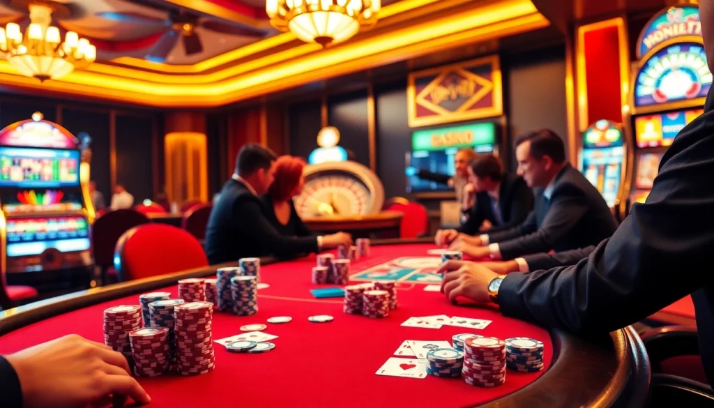 rr88 poker table filled with players, colorful chips, and a roulette wheel in a luxurious casino setting.