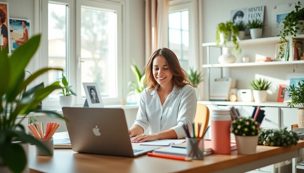 Engaging lifestyle blogger at https://giveaways4mom.com creating content in a vibrant workspace.