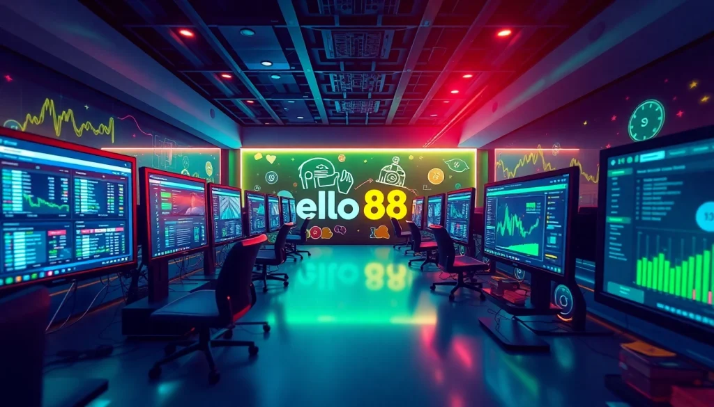 Hello88 online betting platform featuring dynamic digital interfaces and a professional workspace.