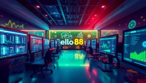 Hello88 online betting platform featuring dynamic digital interfaces and a professional workspace.