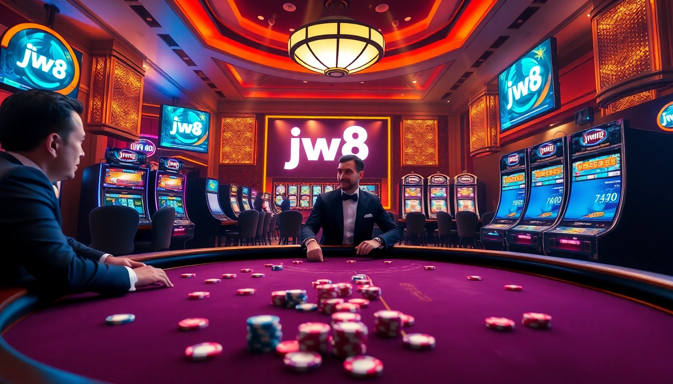 Experience the thrill of online gambling with jw8 เครดิตฟรี as players engage in high-stakes poker at a luxurious casino table.